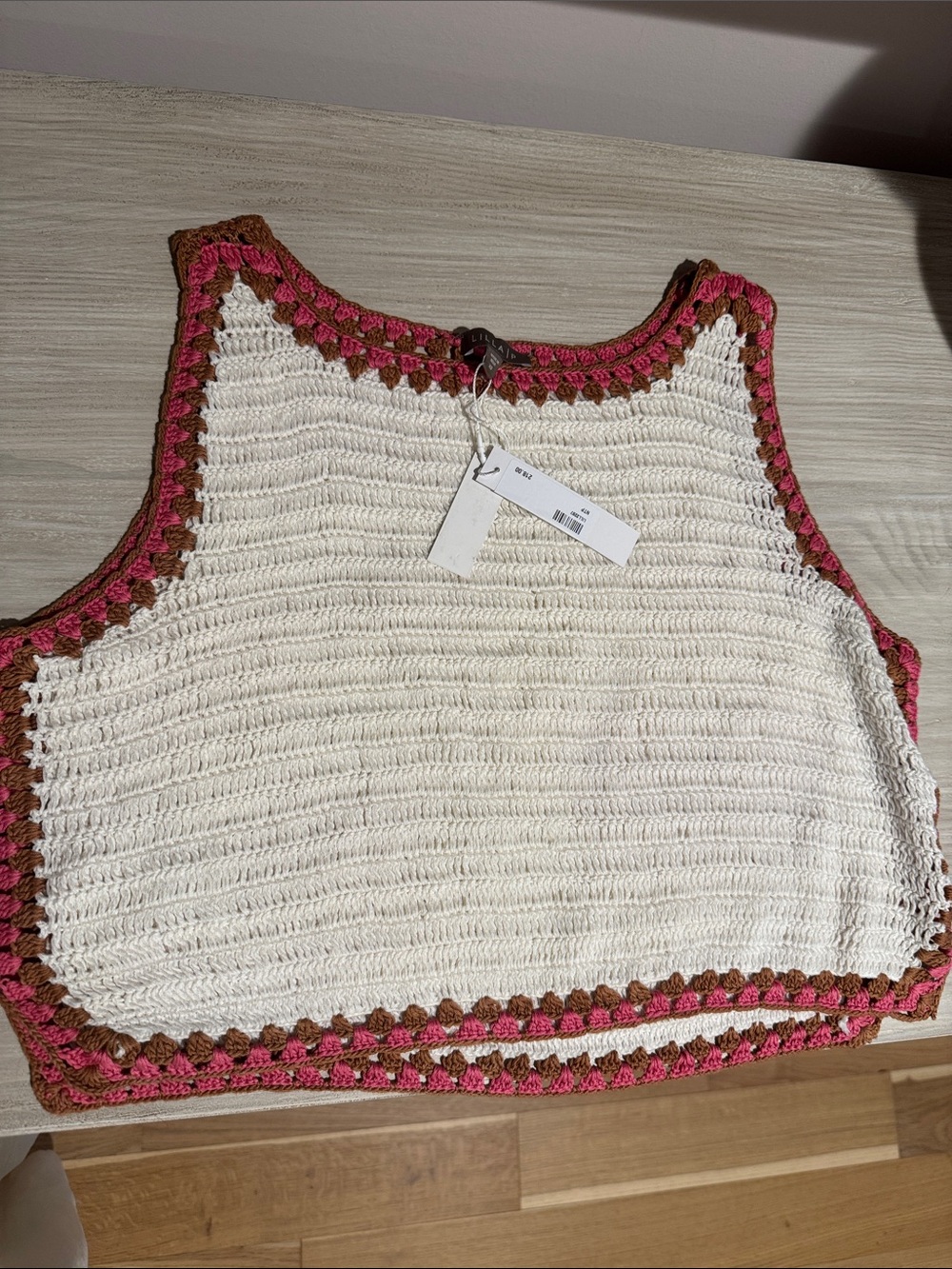 Lilla P Cream Crochet Tank with Pink & Brown Trim